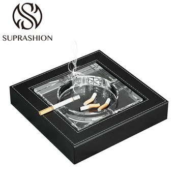 Crystal Glass Living Room Square Fashionable Ashtray Creative Personality Hotel PU Outer Frame Ashtray