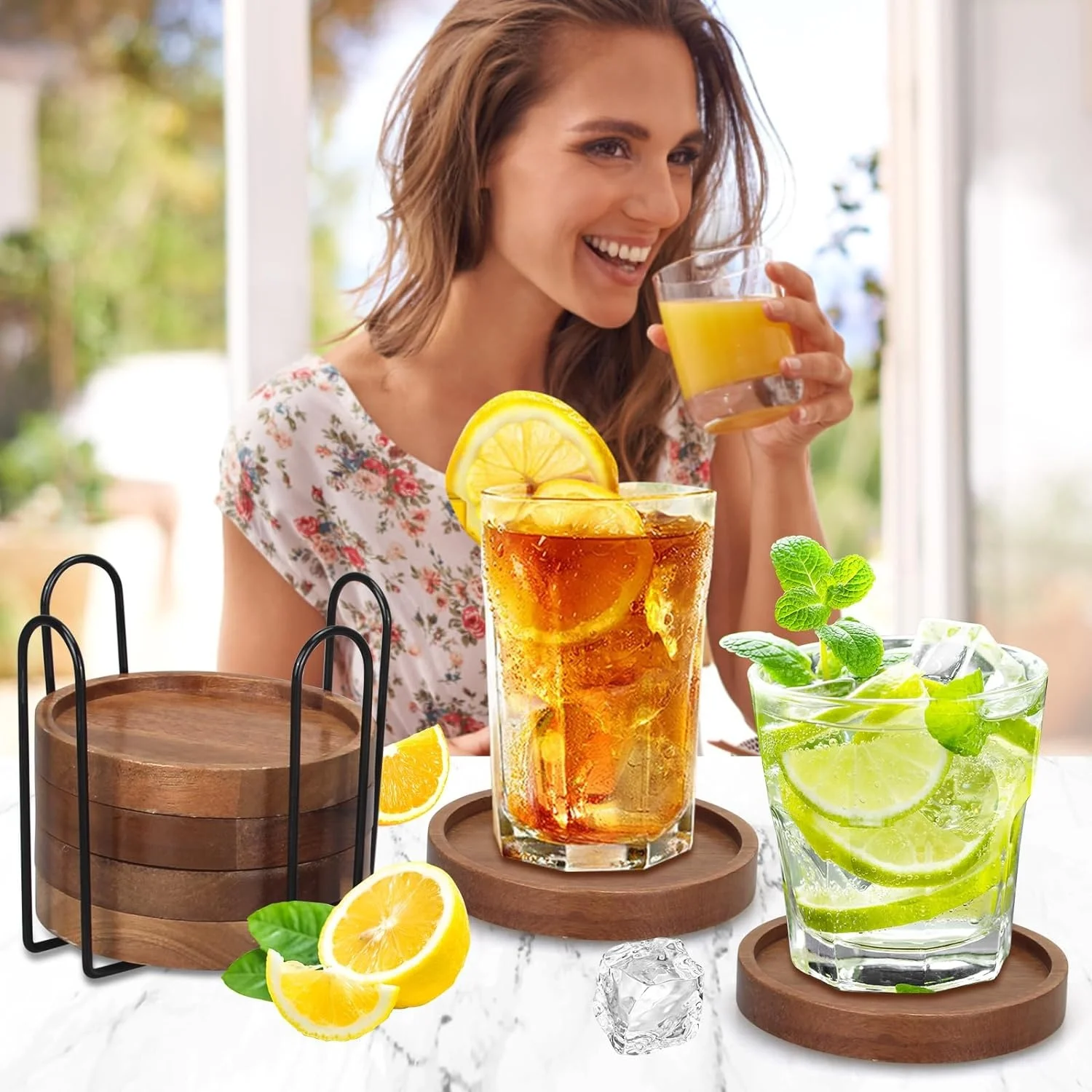 Acacia Round Groove Coasters with Holder Decorative Beverage Coffee ...