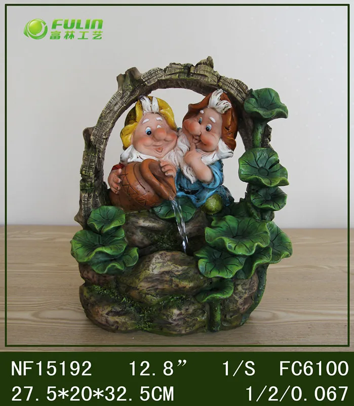 Small Resin Crafts Gnome Dwarf Statue Decorative Home Waterfall Fountain with Playing Feather