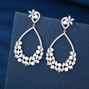 Wholesale BRIDETALK Fashionable Ladies' Flower Zircon Micro Insert Rhodium Plated Drop Earrings Trendy Brass Jewelry for