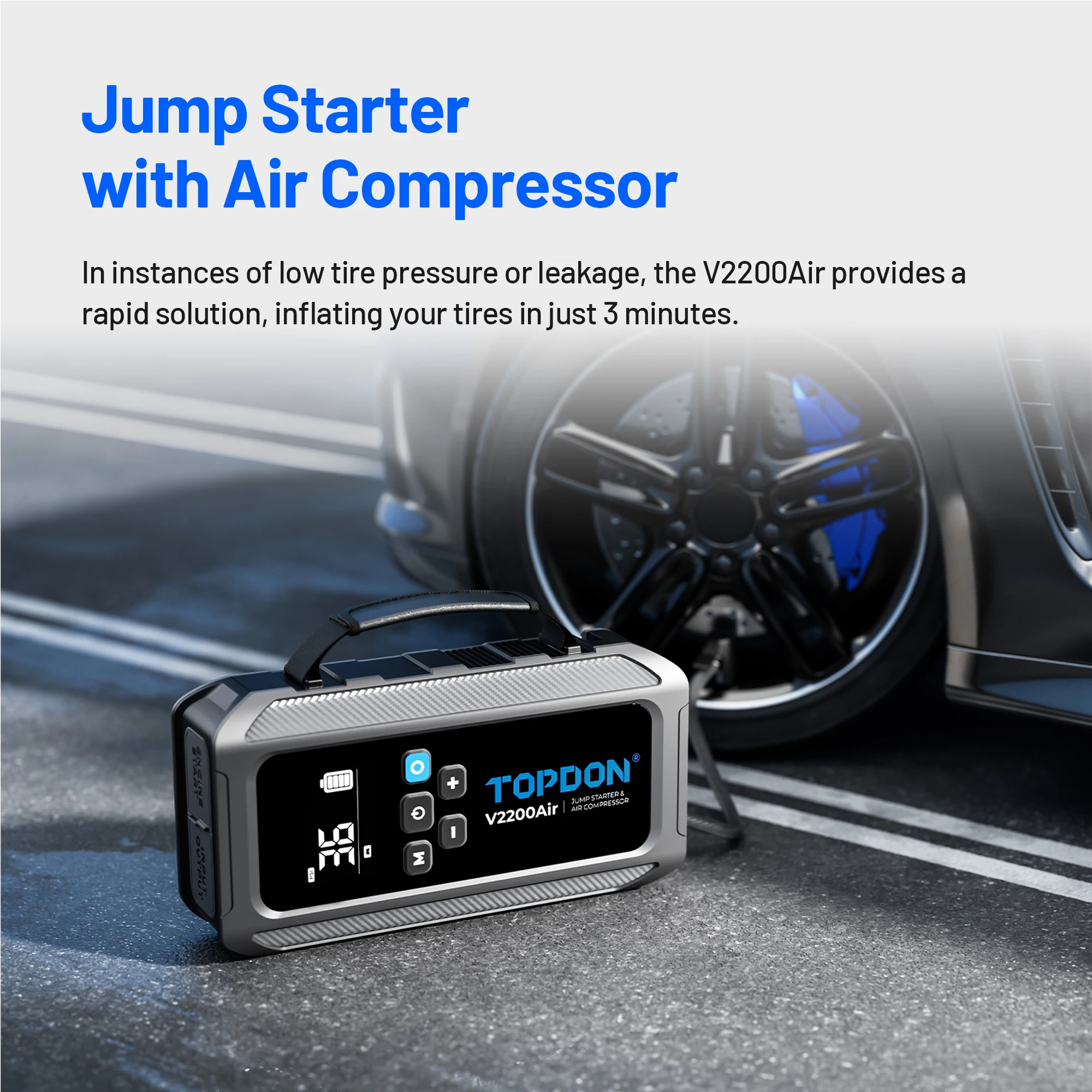 Topdon V2200 Air Multi Function Portable Car Battery Booster Super Capacitor Power Bank Jump Starter With Air Pump Compressor