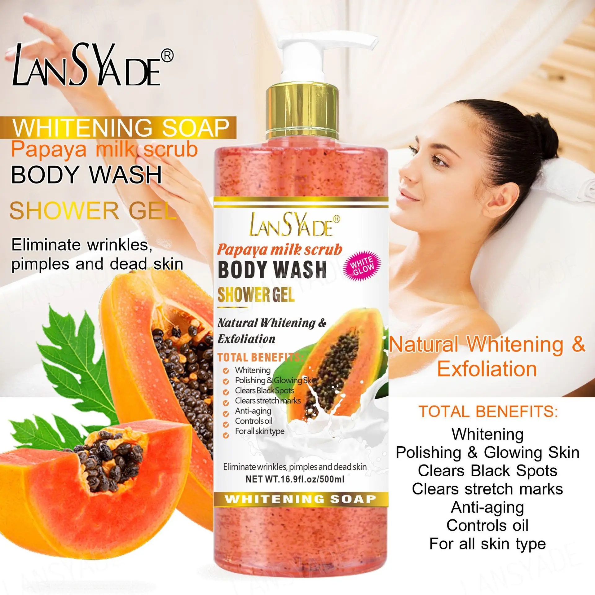 Fruit Scrub Shower Gel Silky smooth, refreshing and moisturizing skin gentle, clean and long-lasting 500ml