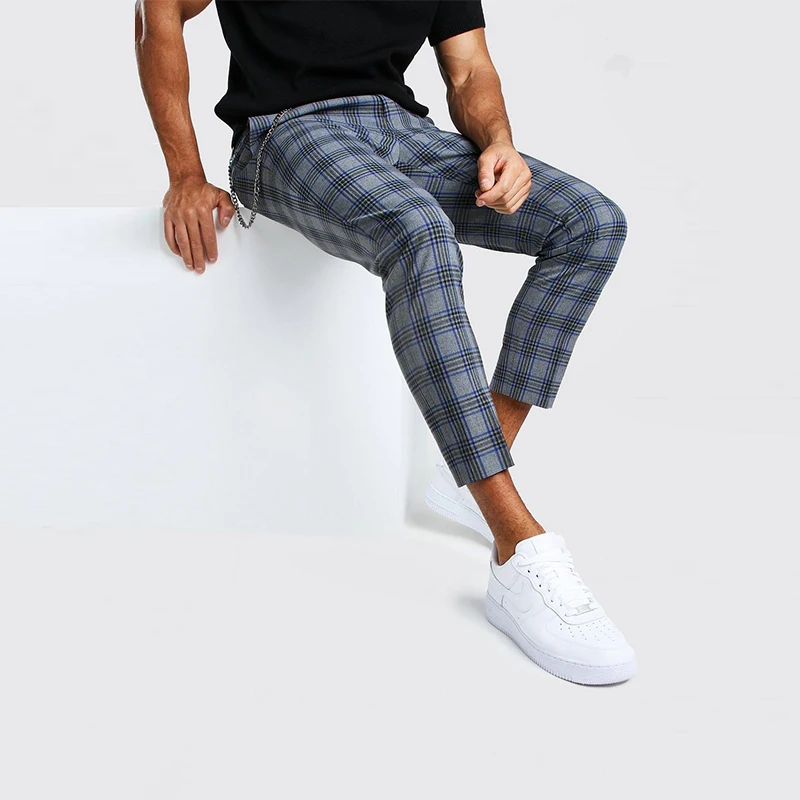 Business Plaid Print Trousers For Men Streetwear Zipper Fly Pocket Cropped  Pencil Trousers Men'S Clothing Sports Pants Joggers - AliExpress