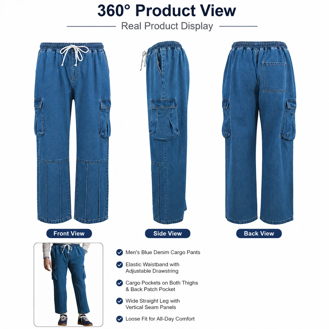 Men's Gradient Workwear Jeans with Casual Elastic Waist Loose Straight-leg Silhouette Drawstring Closure Modest Pants