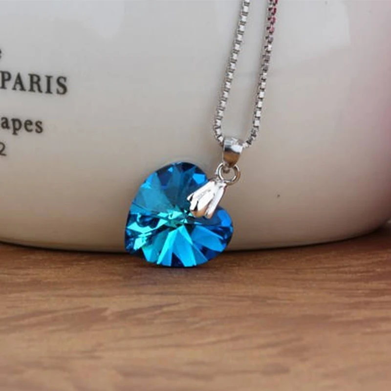 Women Crystal Love Heart Necklace 925 Sterling Silver Heart Of Ocean
