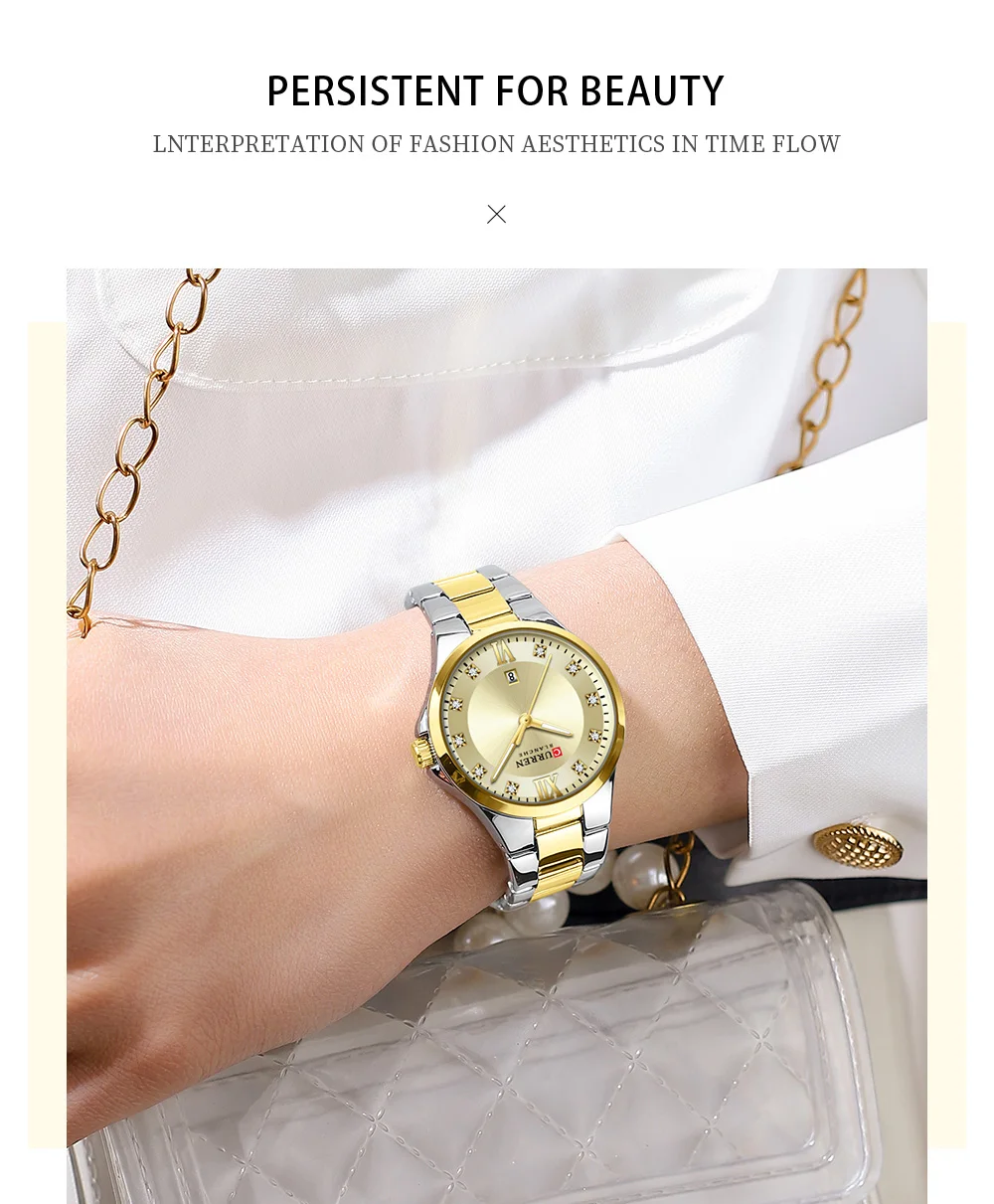 Curren 9107 Original Quartz Watch for Women Fashion Elegant Ladies Watches Stainless Steel Strap Waterproof Women's Wristwatch