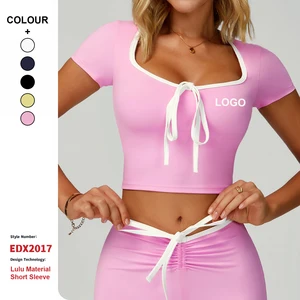 Contrast Color Hemming Yoga Clothes Women V-Neck Quick-Drying T-Shirt Yoga Tops Outdoor Running Fitness Sports Short Sleeves