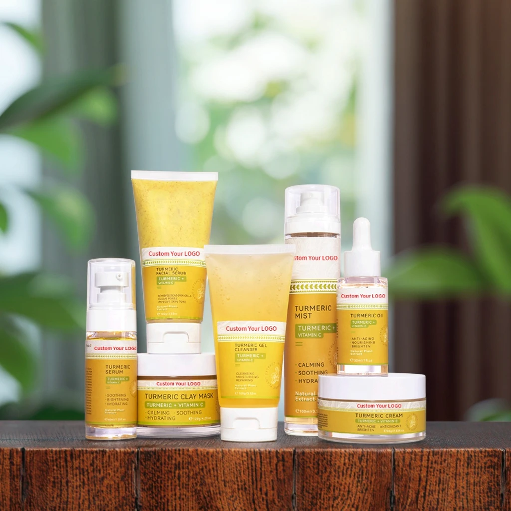 Low MOQ Private Label Luxurious Turmeric Vitamin C Moisturizing Anti-Acne Dark Spot Whitening Facial Serum Cream Oil Set-OEM/ODM