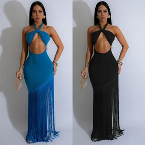 2025 Hot Sale New Women's Hollow Out Design Sleeveless Hanging Neck Tight Fringe Jumpsuit Long Skirt