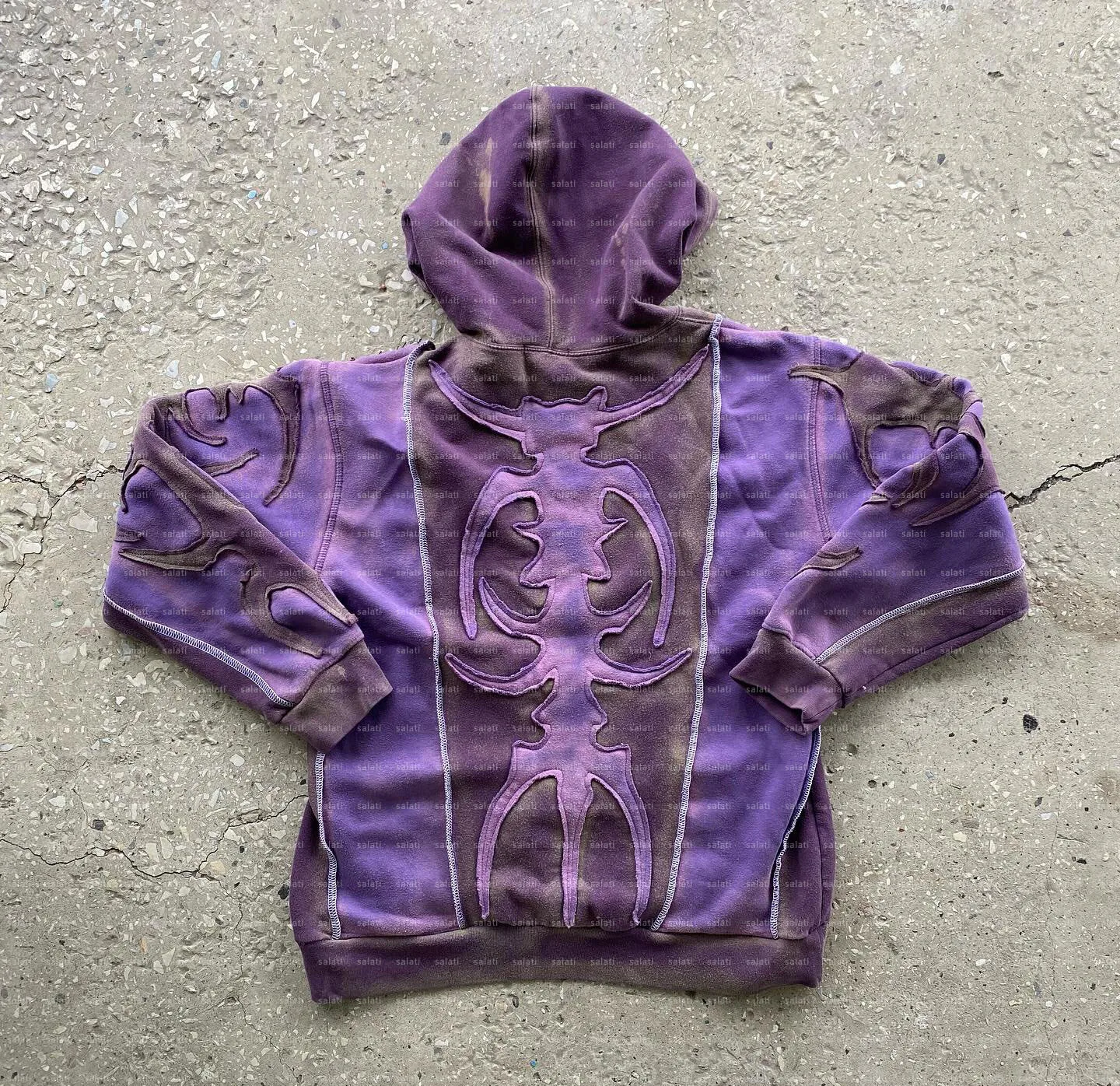 Custom Dirty Effect Sun Faded Contrast Stitch Cut and Sew Cotton French Terry Applique Patches Distressed Embroidered Hoodie Men gallery 3