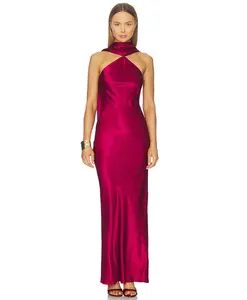 Pleated Textured Satin Maxi Dress Women Halter Backless Club Party Long Dress