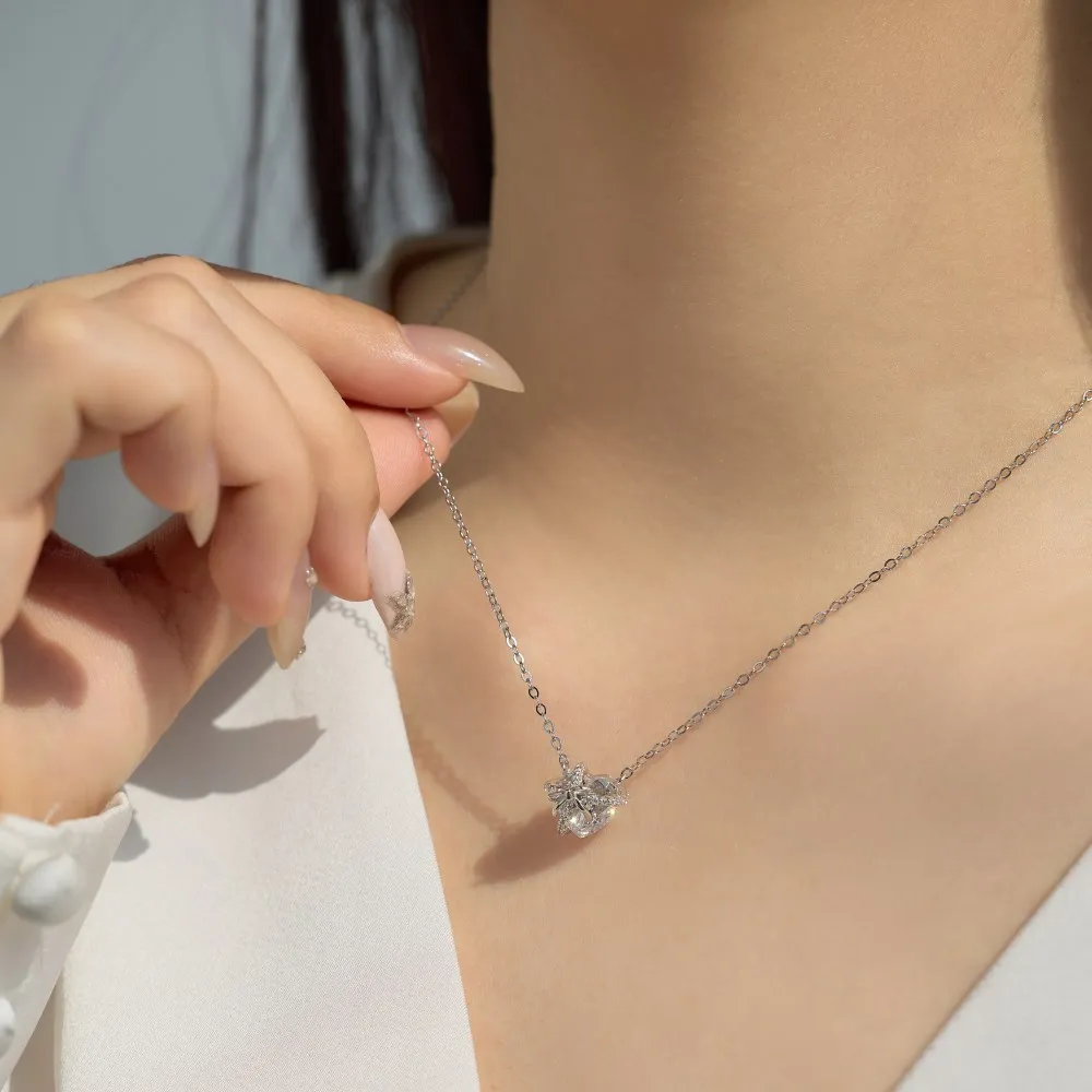 KAKODIY Fashion Hypoallergenic Non-tarnishing 925 Sterling Silver Chain 5A Zirconia Heart Shape Love Bow Pendant Necklace detail 3