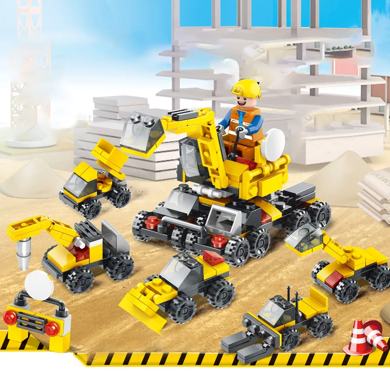 NEW 6-In-1 Mini Engineering Construction Truck Team City Building Block Set Engine Vehicle Educational DIY Toys for Children