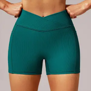 High Waist Ribbed Solid Breathable Seamless Sportswear Shorts Quick Dry Sweat-Wicking Gym Fitness Short Leggings with Pockets
