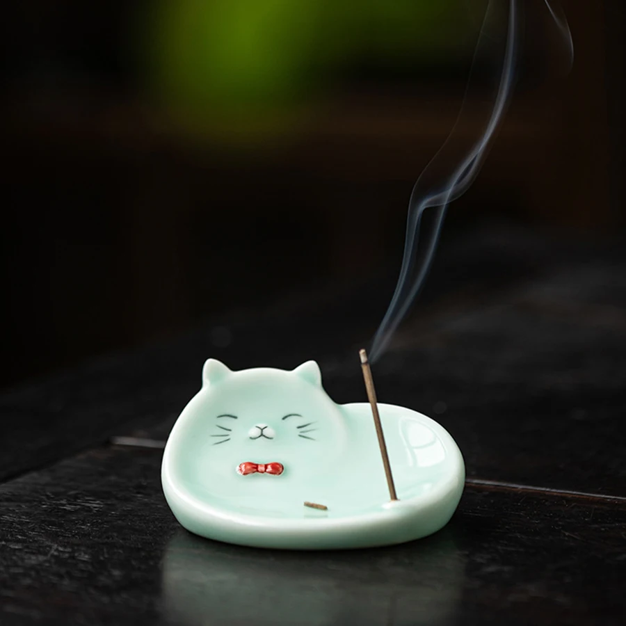 Porta incenso a forma di gatto, in ceramica, per aromaterapia, con
