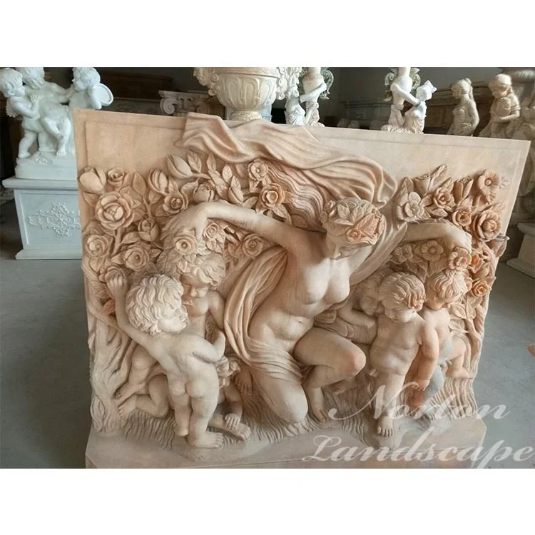 High Quality Hand Carved Stone Flower Statue Relief Sunset Red Marble Nude Woman and Children Relief Sculpture for Sale