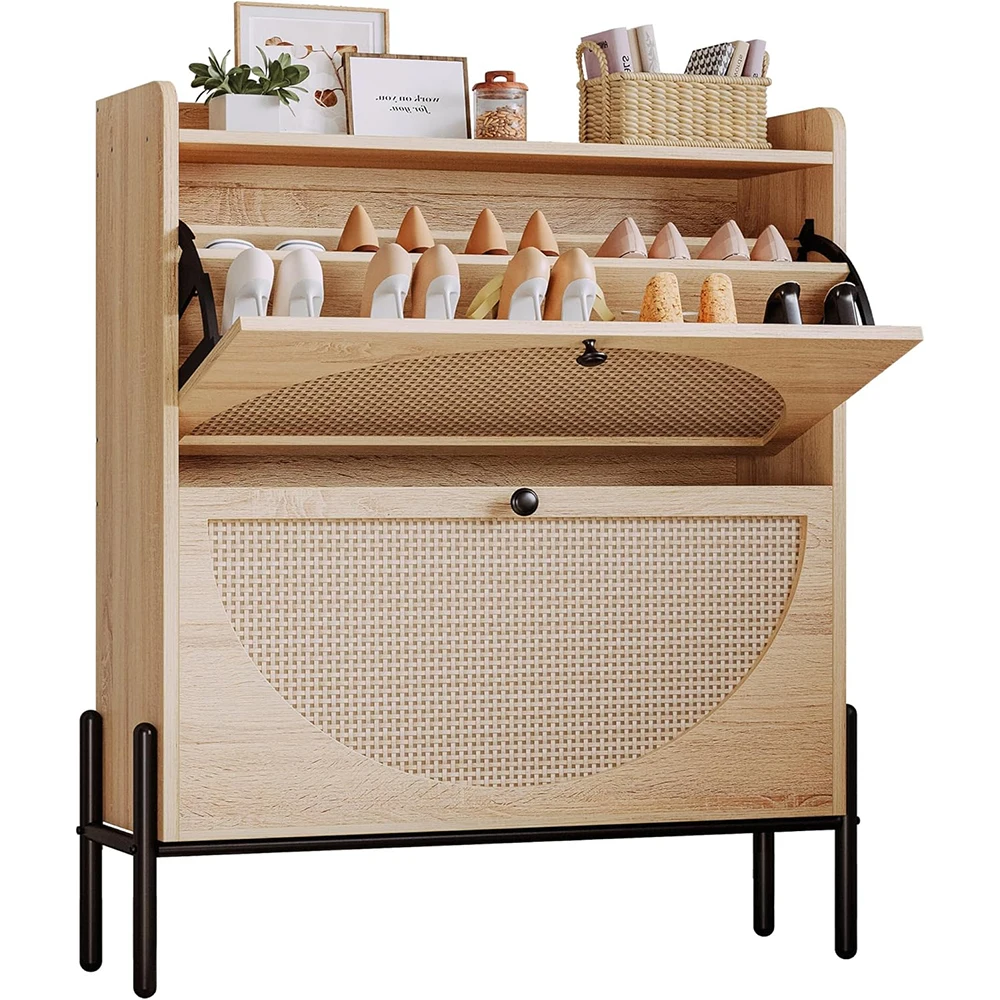 Nu-Deco MH26107 Modern Free Standing Wooden Shoe Cabinet 2 Flip Drawers Rattan Doors Space-Saving Entryway Storage for Narrow
