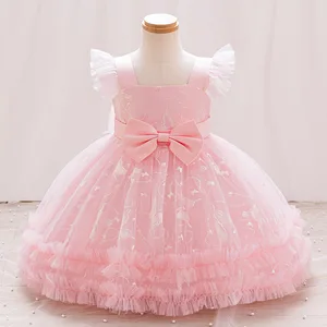 Flying Sleeve Birthday Dresses for Girls Puffy Bow Sequined Embroidery Princess Dress for Girl
