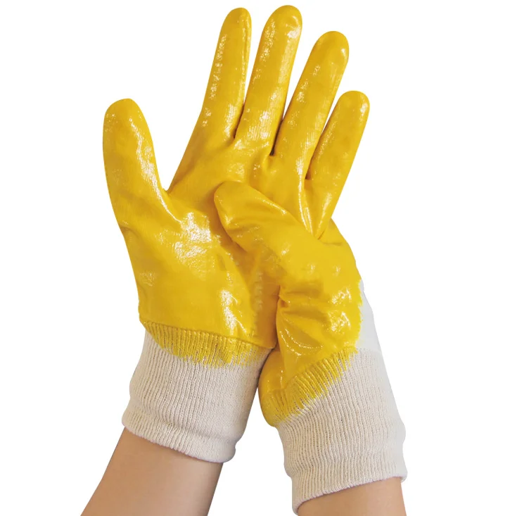 Knitted Wrist Interlock Cotton Fabric Yellow Nitrile Coated Light Oil  Resistant Working Glove