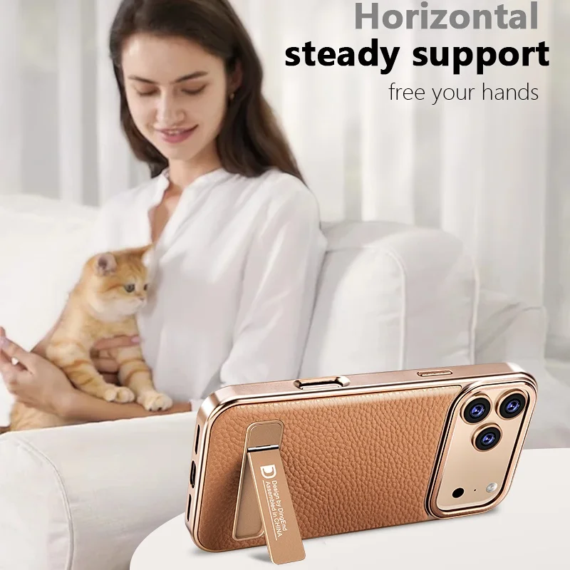 Business Electroplated PU Leather Magnetic Phone Case for iPhone 17 13 14 15 16 Pro Max 17 Air With Metal Stand Protective Cover