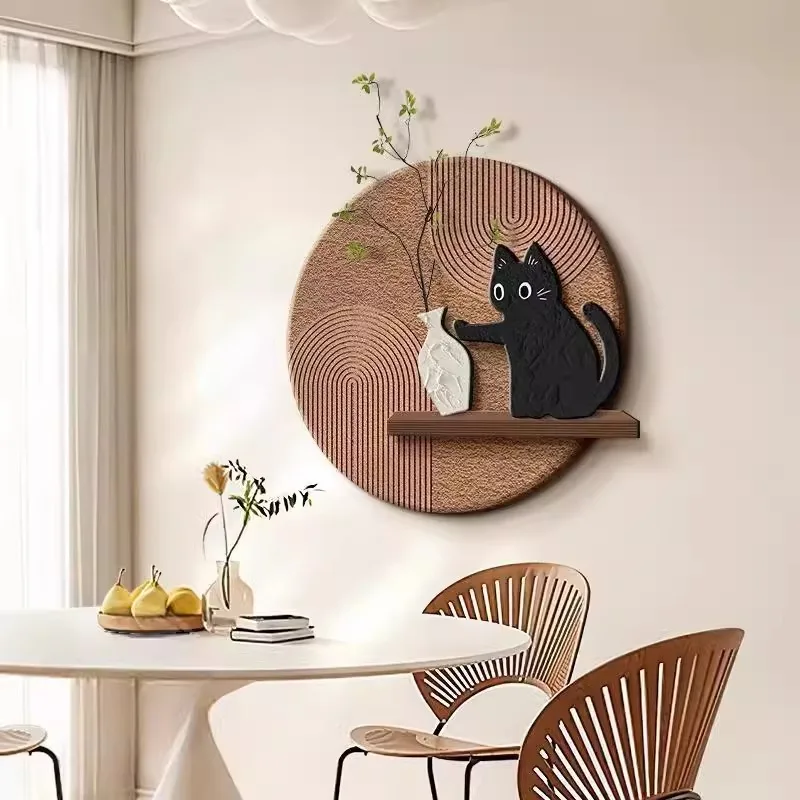 Round Textured Wall Decor With 3D Cats Wooden Shelf Minimalist Wabi Sabi Neutral Beige Home Living Room Kitchen Entryway