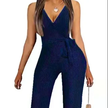 Cross border fashion and leisure women's silver silk three V-neck sleeveless wide leg slim fit jumpsuit from Europe and America