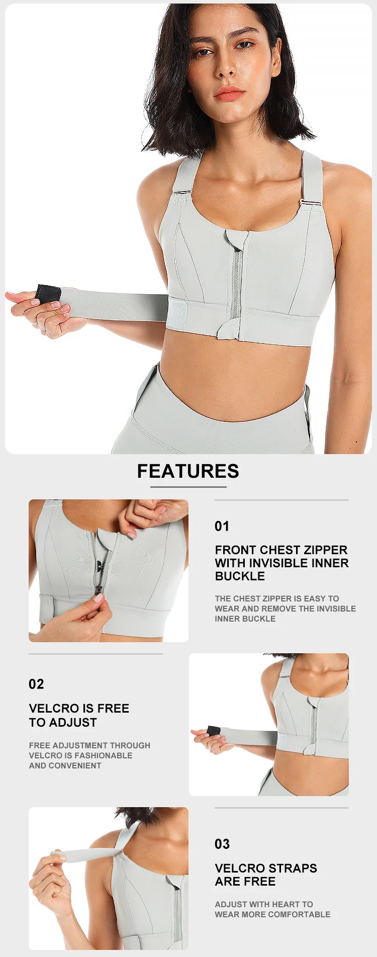 S5xl Plus Size Front Zipper Sports Bra Adjustable Strap High Support