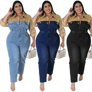 Y218272 High-quality Plus Size Jumpsuits Women Long Sleeve Turn-down Collar Color Blocking One Piece Denim Jumpsuit for Women