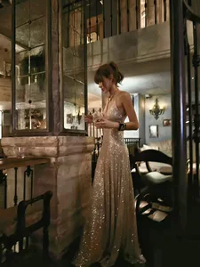 Bettergirl 2026 Spring Sequin V-neck Halter Dress Glitter Long Formal Birthday Party Dress Slit Plain Sexy Wedding Dress