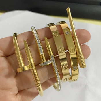 New Designer Fashion Gold Plated Open Screw Bracelets Stainless Steel Women Nail Bangle Bracelet