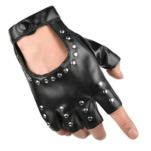 Viviblook Z1229AC01 Women Hip-Hop Driving Motorcycle Fingerless Mitten Black Punk Rivet Short PU Leather Half-Finger Gloves