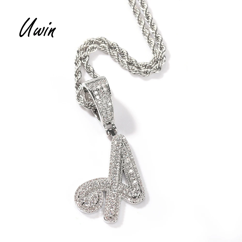 UWIN Hip Hop Promotion Iced Out Brush Cursive Letter Capital Initial Pendant Necklace Hip Hop Rapper Alphabet Pendant Jewelry