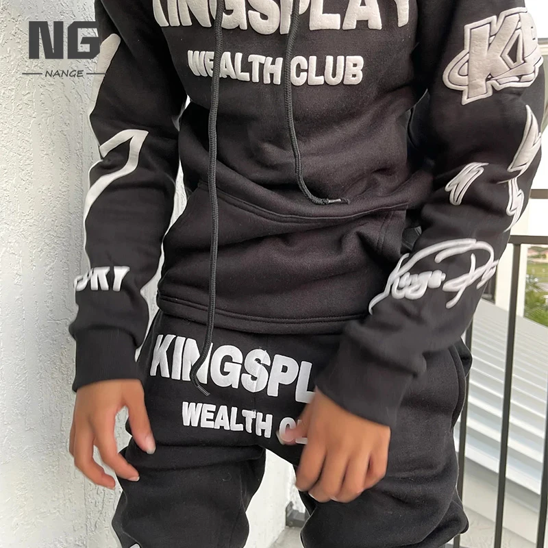 Custom Puff Print Sweatsuit Black Streetwear Hip Hop Sweatpants And