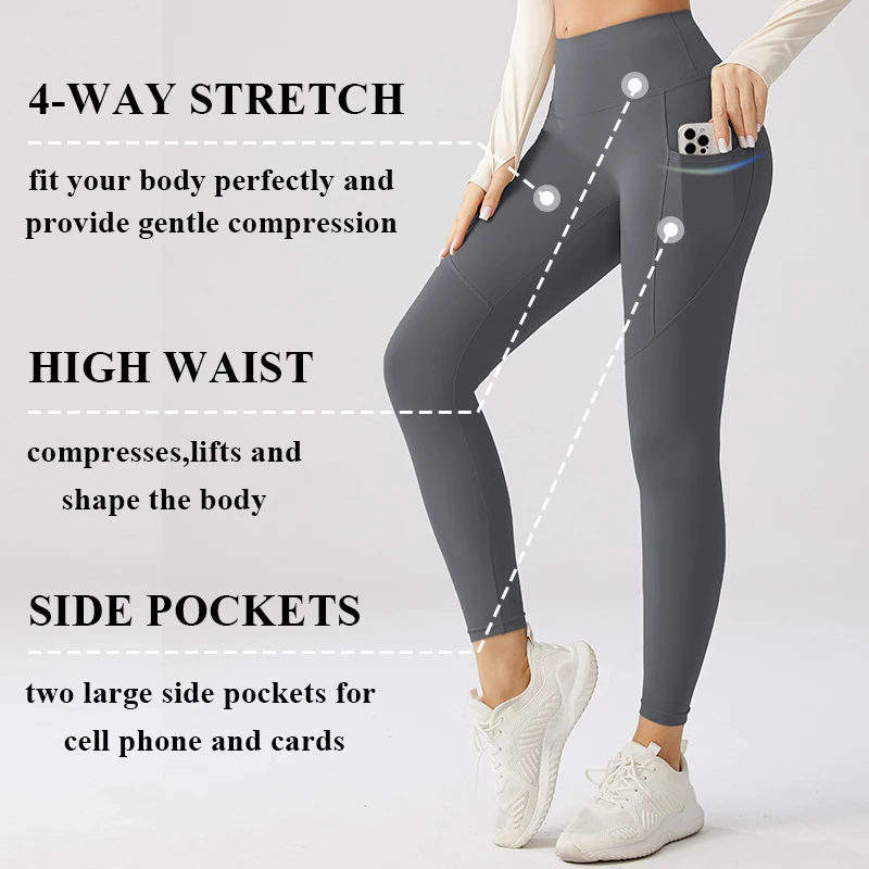 High Waist Tummy Control Breathable Exercise Leggings Fitness Buttery Soft Fabric Custom Logo Leggings With Pockets Size XL XXL