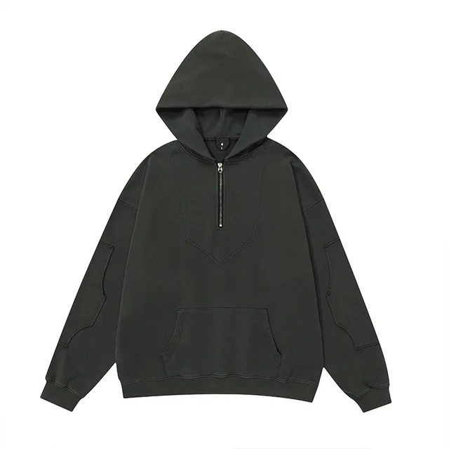 Vintage wash hoodie hoodie personality half zip raw edge sticker design solid color light fleece hoodie coat