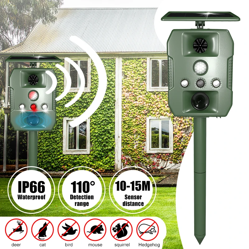 SAIJZEK.Hot sale Green solar powered ultrasonic pest animal repellent outdoor garden solar