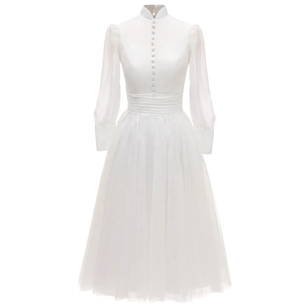 Audrey Hepburn Vintage Chic Wedding Gown  Long Sleeve Chiffon Tea Length  Bridal Dress for Elegant Brides