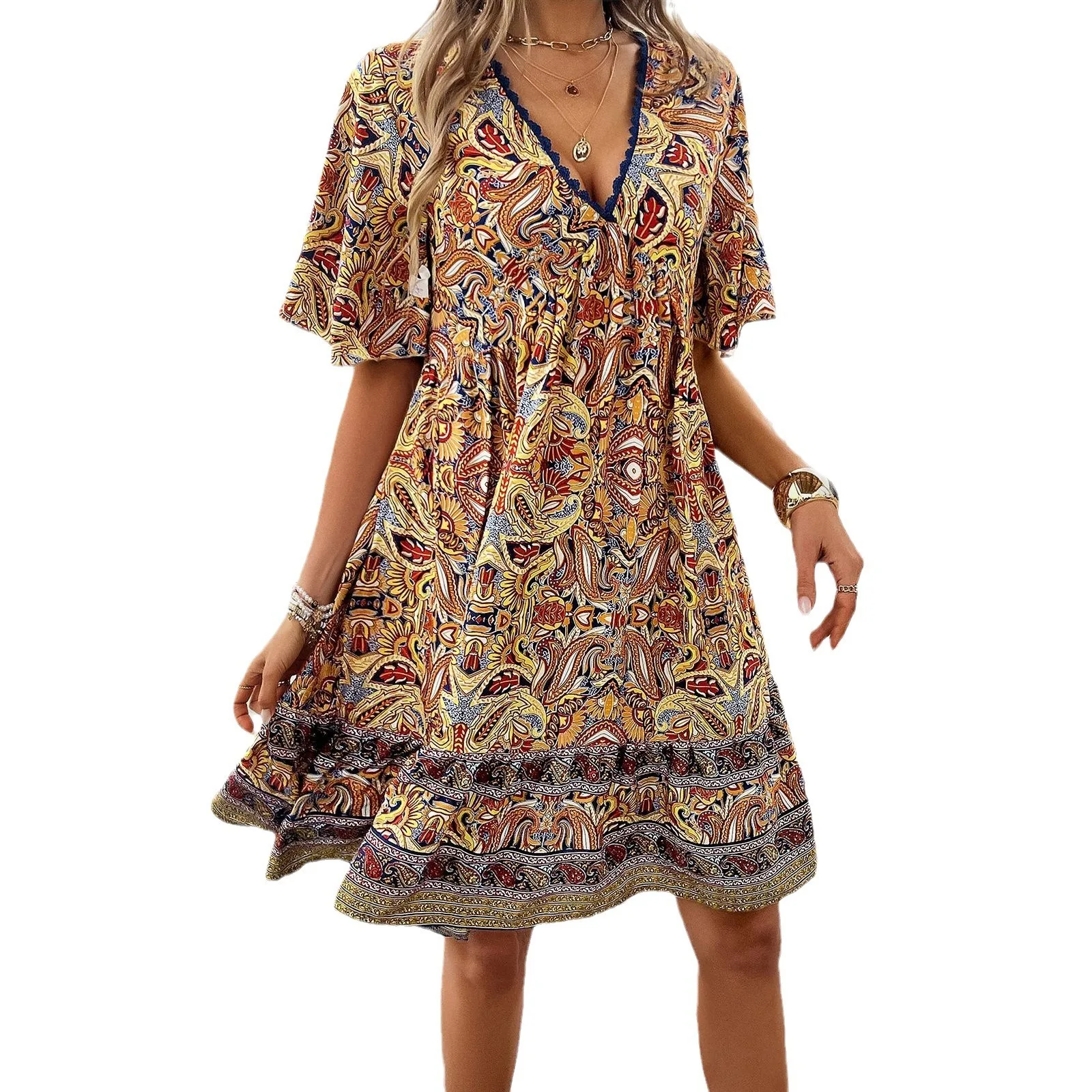 B904 2024 Women's Casual V-Neck Dress Short-Sleeved Summer Dress with Loose Printed Chiffon Washable New for Ladies