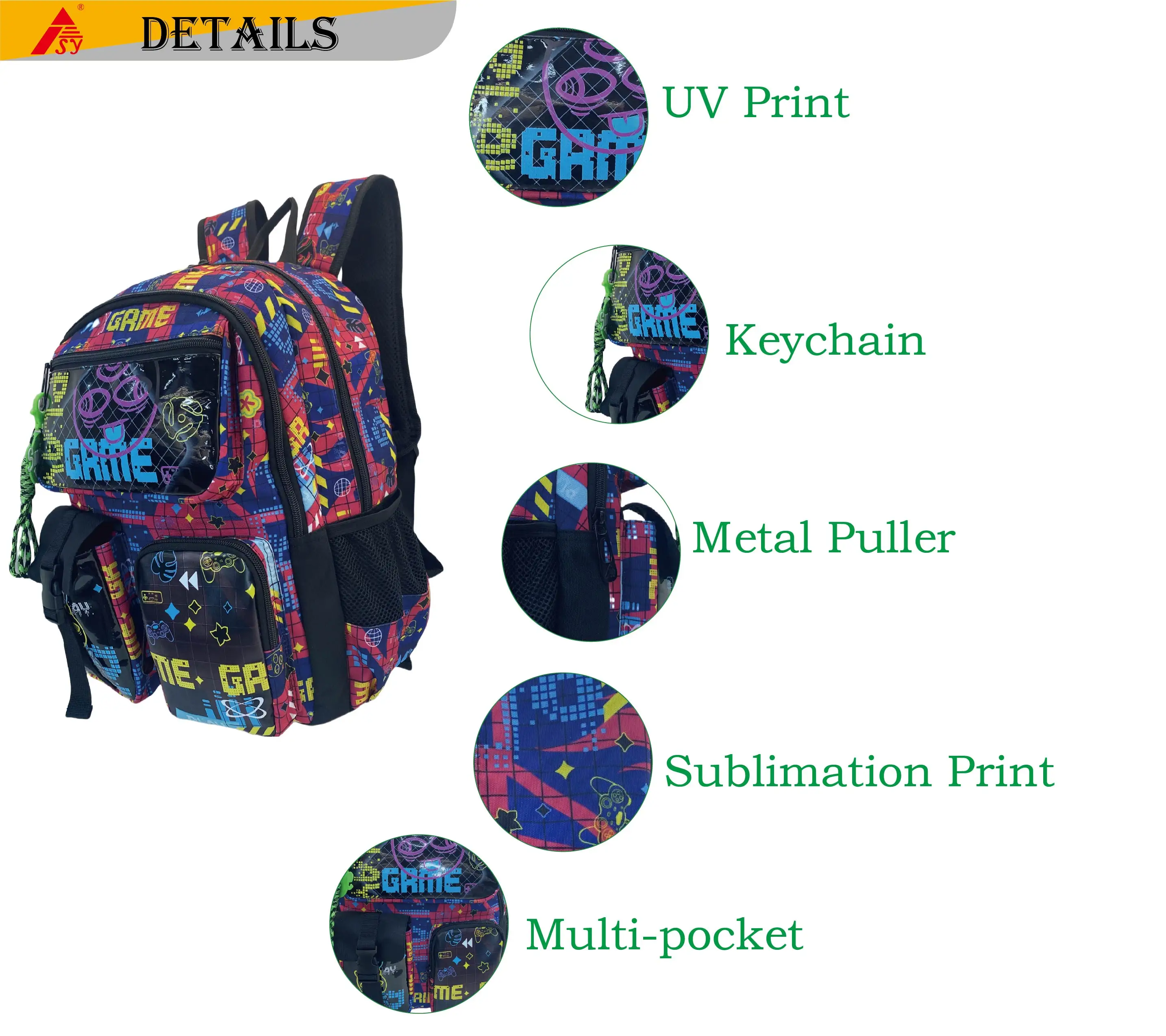 New Arrival Custom Geometric UV Print Youth Student Backpack for Women and Men High School Bags with Keychain Daily Girls Travel