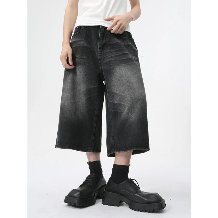 Pantaloni dritti larghi estivi da uomo, neri, pantaloni larghi drappeggiati, pantaloncini in denim corti, jeans larghi da uomo_voghion.com