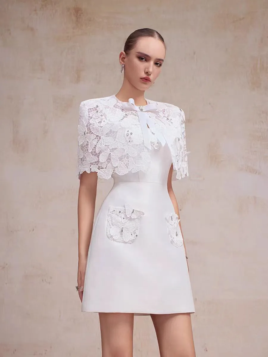 Elegant lace butterfly short dress, Vietnamese niche design slimming dress for womens