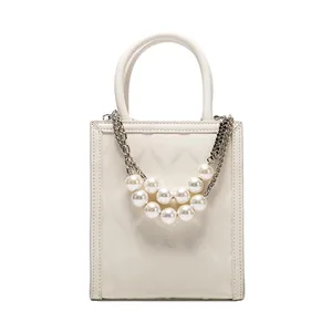 Luxury Women's Small Handbag with Unique White Pearl Chain Design Stylish Dual Handles for Spring Autumn Season Open Closure