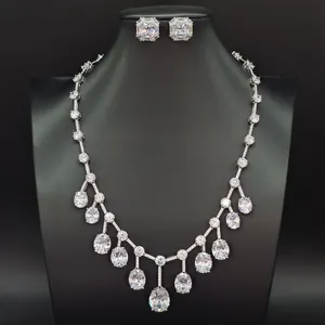 Ilona Simple Large Sized Oval Shaped Zircon Copper Women's Necklace Stud Earrings Set Fashion Jewelry Set for Weddings Parties