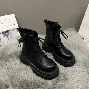 Dropshipping Custom Logo Fashion Design Black Gothic Style Boots Women Shoes Platform Wedges Casual Ankle Boots