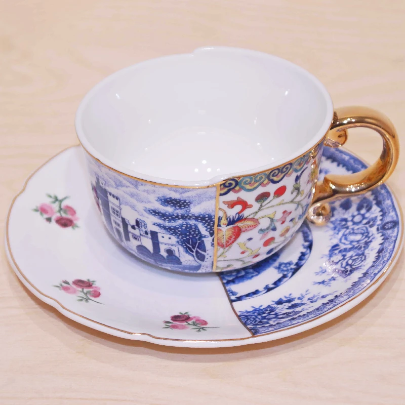 Unique Design Eco Friendly Hybrid Shape Fancy Luxury Ceramic Coffee Tea Cup and Saucer Set With Golden Handle