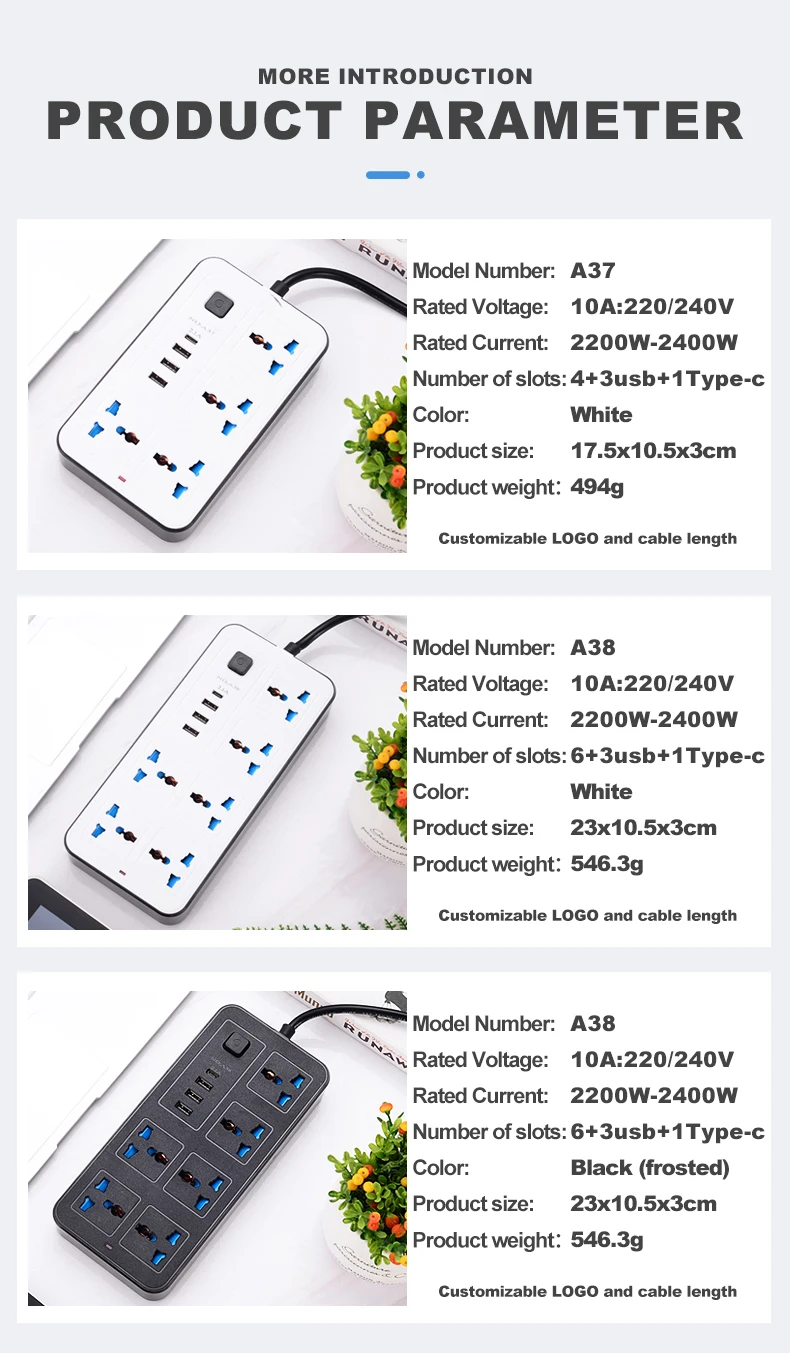 Long 3M Electric Socket with 6WAY Power Strip & 3 USB Ports