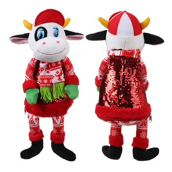 Adorable Plush Christmas Stuffed Animal Design Toy Bag Gifts Kids Cute Plush Cow Toy Cotton Bag