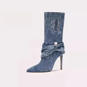 High Quality Custom Women's Over-the-knee High  Blue Washed Denim Boots