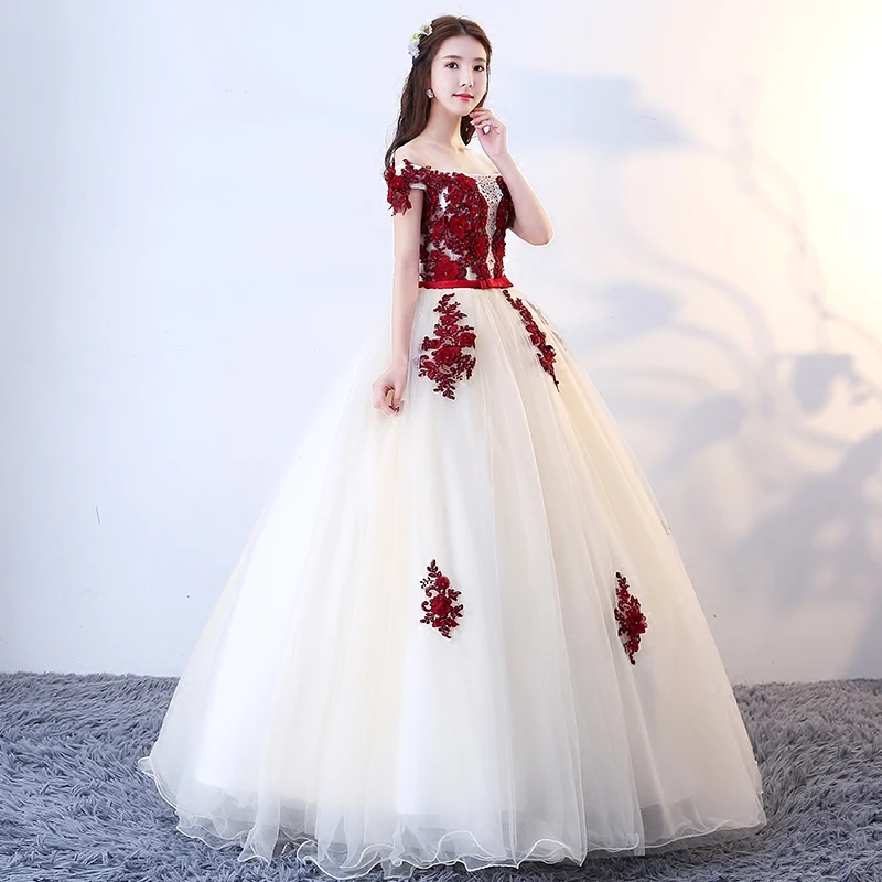 Ball Gown Red And White Dresses Unique Dark Red White Floral Print