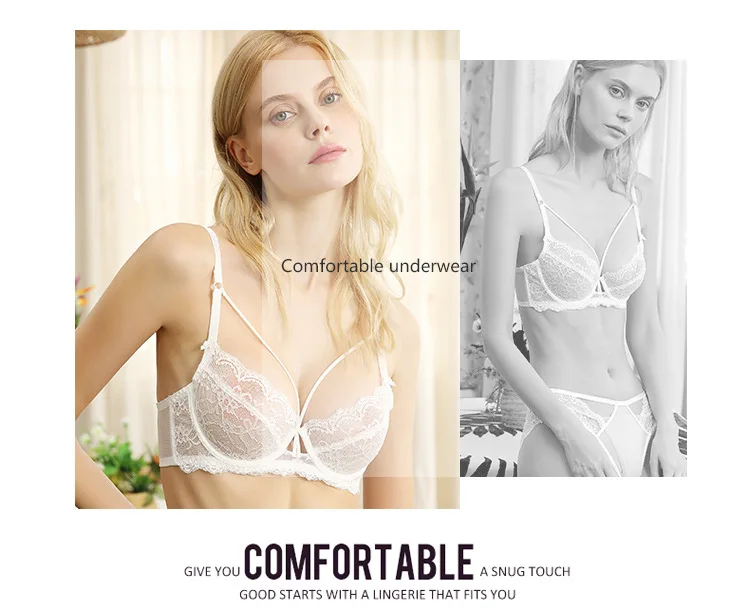 Women's Sexy Lace Ultra-Thin No Sponge Bra Set Transparent Adjusted-Straps Low-Rise Bikini Panties Logo Waist for Large Chest